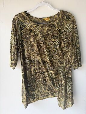 Tianello Olive Green and Brown Patterned Short Sleeve Top